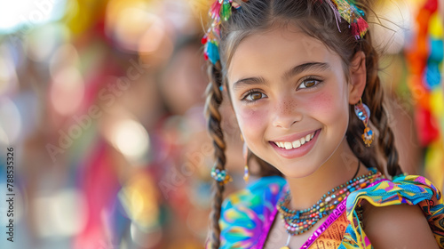 A young girl with a beaming smile wearing vibrant traditional clothing and accessories at a cultural festival.