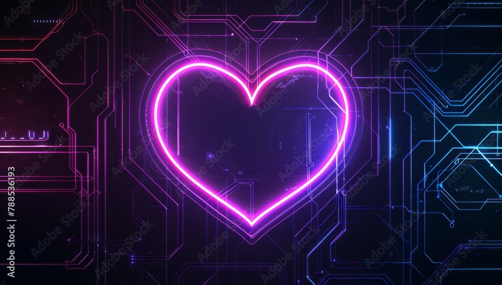 A heart-shaped neon light in the center of an empty black background, glowing with vibrant purple and blue hues against dark surroundings Generative AI