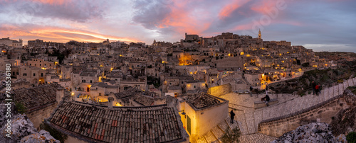 Panorama of the historic old town of Matera in southern Italy after sunset