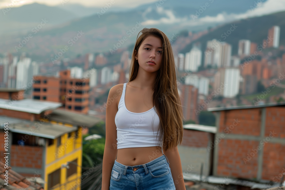 Hispanic woman stands on a rooftop in front of a city skyline