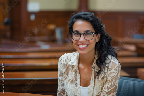 Joyful woman with black hair wearing glasses and a white shirt is smiling in a classroom setting