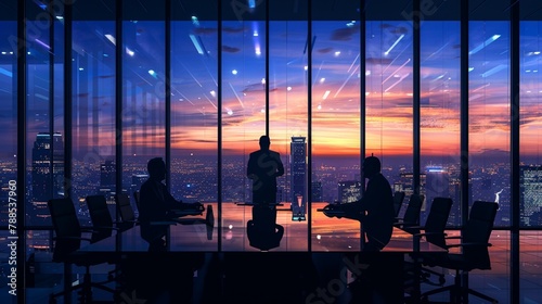 A businessman leading a strategy session with his team, brainstorming ideas and charting out plans for growth and innovation in a sleek corporate office with panoramic city views. © Haseeb
