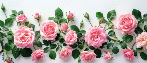 Pink roses on a white background with space for text or message, in a flat lay composition A flat lay composition of pink rose flowers and leaves on a white background with copy space