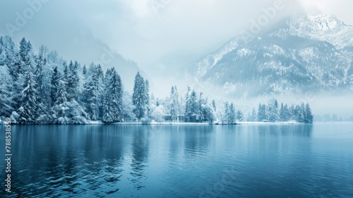 Beautiful landscape of a lake with snow-covered mountains in winter with pine trees in high resolution and high quality. concept landscape, winter, lake photo