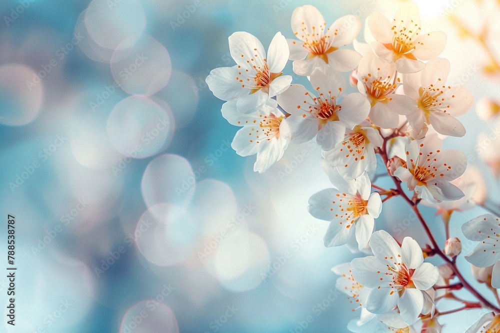 White cherry blossoms on a blue sky background banner with space for copy, representing spring White flowers of a flowering tree in sunlight, with a natural background