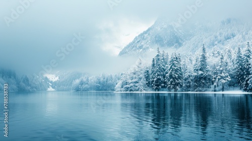 Beautiful landscape of a lake with snow-covered mountains in winter with pine trees in high resolution and high quality. concept landscape, winter, lake, mountain