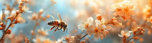 a beautiful depiction of a bee in midflight approaching blooming flowers, It s a serene scene that showcases the beauty of nature photo