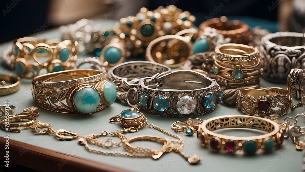 close-up of several jewelry pieces displayed on a table, including bracelets, rings, necklaces, and earrings close-up of several jewelry pieces displayed on a table, including bracelets, rings, necklaces, and earrings