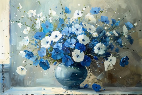 a painting of blue and white flowers in a vase