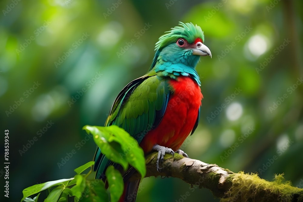 Lovely bird in its natural tropical environment. Beautiful Quetzal, Pharomachrus mocinno, Savegre, Costa Rica, against backdrop of verdant forest. Sacred green and crimson bird, magnificent. 