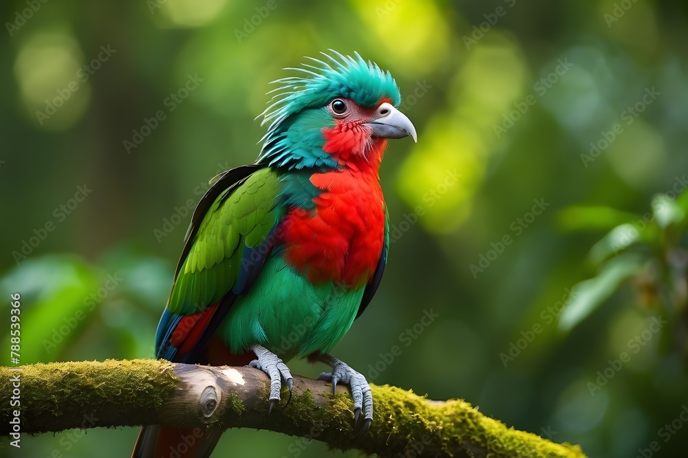 Lovely bird in its natural tropical environment. Beautiful Quetzal, Pharomachrus mocinno, Savegre, Costa Rica, against backdrop of verdant forest. Sacred green and crimson bird, magnificent. 