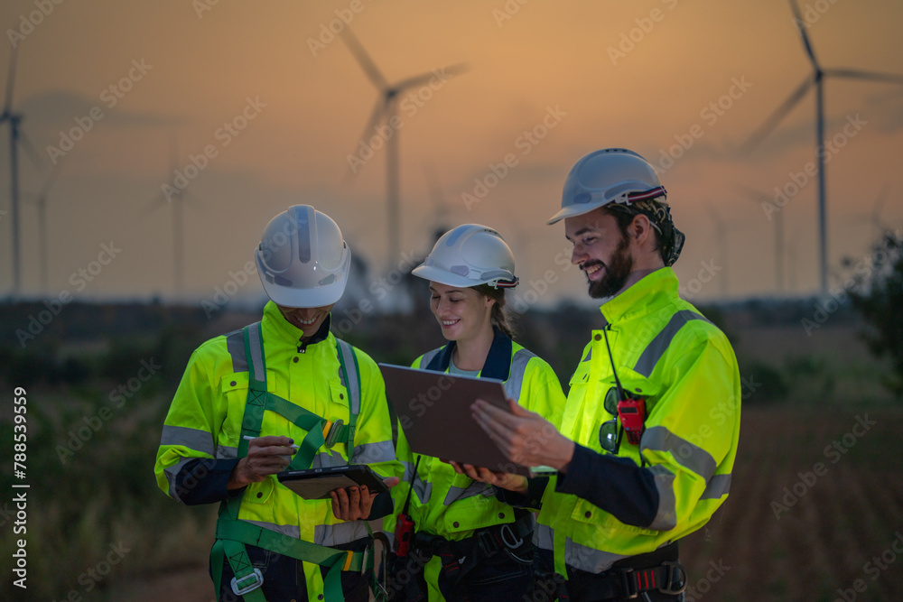 Team Engineers men and woman checking and inspecting on construction with sunset sky. people operation. Wind turbine for electrical of clean energy and environment. Industrial of sustainable. Team Engineers men and woman checking and inspecting on construction with sunset sky. people operation. Wind turbine for electrical of clean energy and environment. Industrial of sustainable.