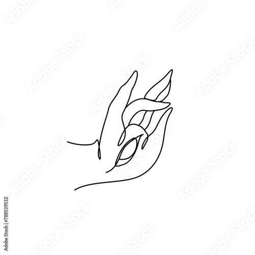 Palm with eye, continuous line drawing, tattoo, masonic symbol, all seeing eye on palm, symbol magic, spiritualism, religion, astrology.  Isolated vector illustration. (ID: 788539532)