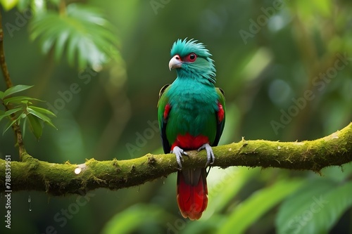 Lovely bird in its natural tropical environment. Beautiful Quetzal, Pharomachrus mocinno, Savegre, Costa Rica, against backdrop of verdant forest. Sacred green and crimson bird, magnificent.  photo