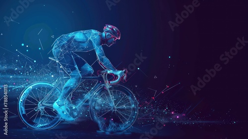 Abstract wire frame silhouette of a road bike racer from triangles and particles on blue background. Man is riding on sport bicycle isolated. AI generated