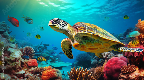 Sea turtle swimming in the ocean among colorful coral reef. Underwater world. Hawaiian Green sea turtle swimming in coral reef. Beautiful Underwater world. Marine life © Birol Dincer 