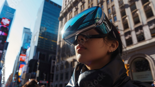 Woman using VR googles headset looking the streets metaverse virtual reality