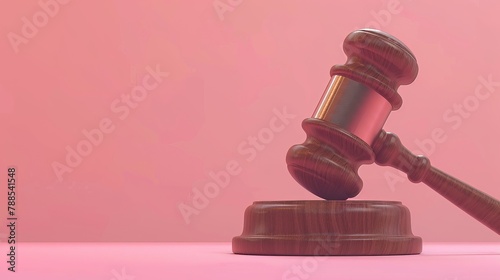 Minimal brown gavel icon on pink background. Judge arbitrate courthouse concept. judgement Hammer. 3D render. illustration photo