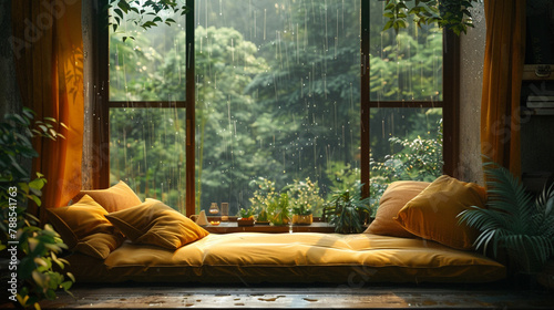 Velvet cushions scattered across a window bench, the perfect perch for watching raindrops dance.