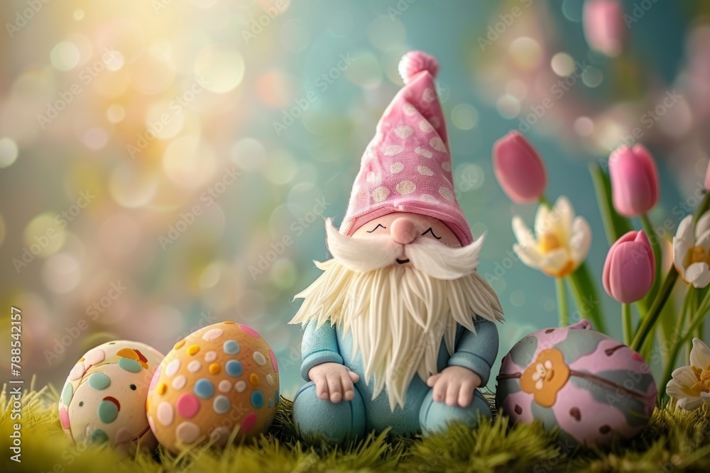 Happy easter card. Gnomes with easter eggs. cute 3d Easter gnome