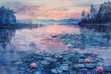 Watercolor landscape, serene lake, lilies, impression of dawn, plein air