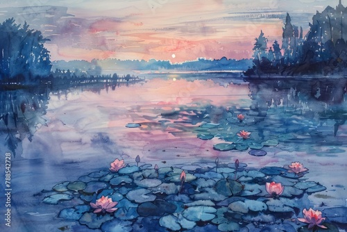 Watercolor landscape, serene lake, lilies, impression of dawn, plein air © DK_2020