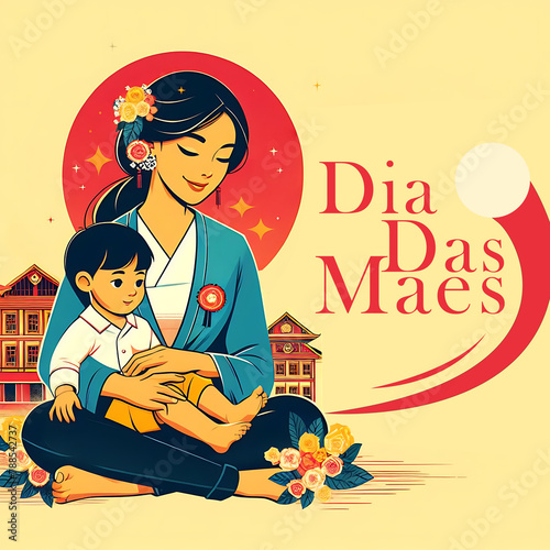 Happy Mother's Day in Portuguese. Dia das maes illustration for greeting card, invitation, banner, poster. Mother and child photo
