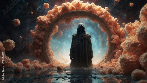 A man stands before a portal that appears to lead through time and space, creating a concept of adventure and exploration in a distant future photo