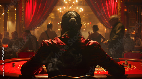 cinematographic picture of a man with low ponytail dark har from behind sitting at a black jack table in a smoky dark room, red curtain on the back, people busy around