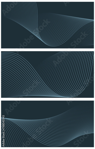 Set of abstract backgrounds with waves for banner. Medium banner size. Vector background with lines. Element for design. Brochure, booklet. Blue, grey. Dark