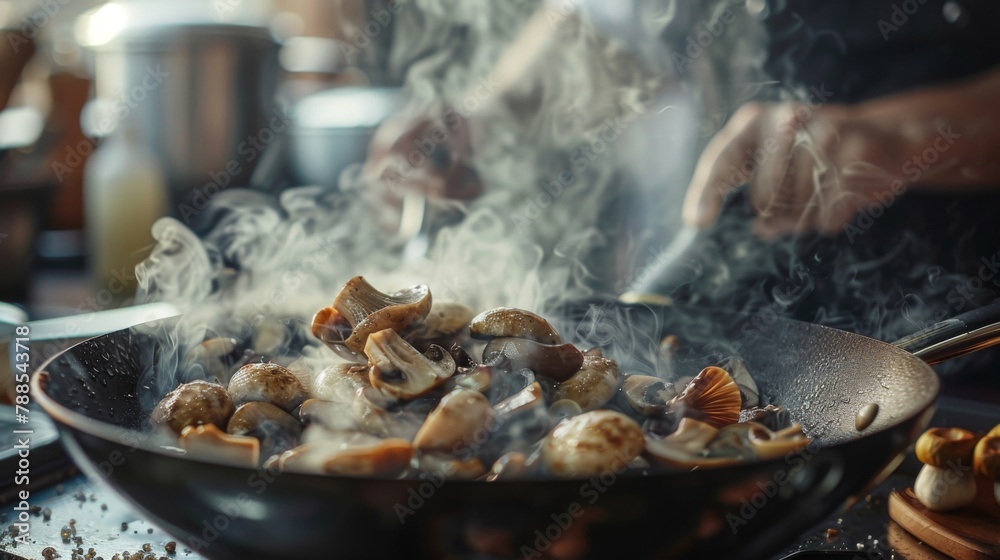 A chef aromatic porcini mushrooms in a sizzling pan, releasing fragrant steam and capturing the essence of gourmet cooking. A chef aromatic porcini mushrooms in a sizzling pan, releasing fragrant steam and capturing the essence of gourmet cooking.