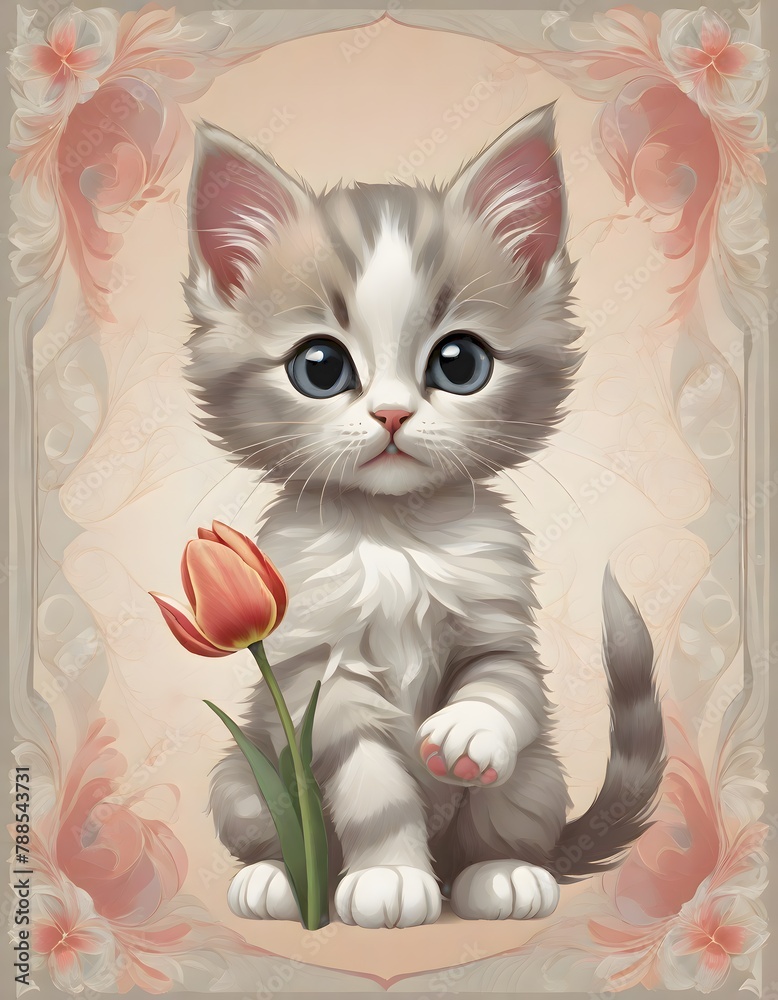 Adorable grey and white kitten holding a vibrant tulip, framed by ornate vintage floral details, evoking a sense of warmth and nostalgia, generated with AI. - obrazy, fototapety, plakaty 