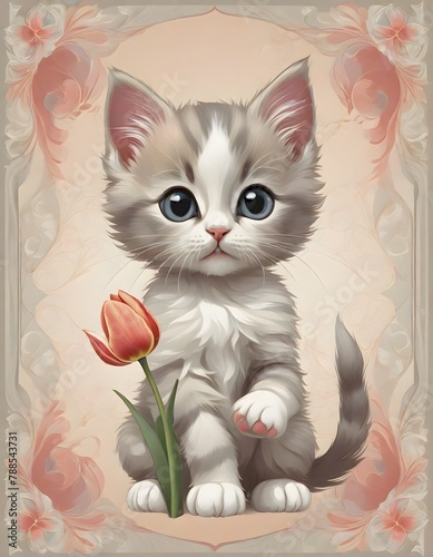 Adorable grey and white kitten holding a vibrant tulip, framed by ornate vintage floral details, evoking a sense of warmth and nostalgia, generated with AI. photo