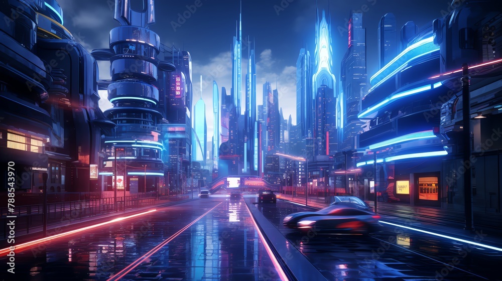 Visualize a futuristic world with CG 3D rendering, combining metallic structures and neon lights in a cyberpunk cityscape, showcasing a harmonious yet dynamic fusion of technology and nature