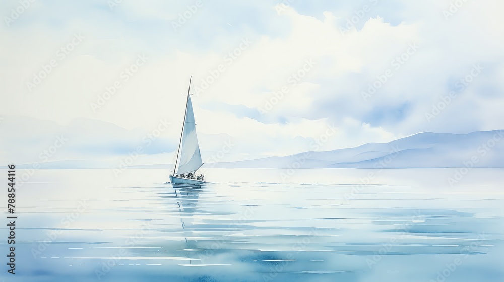 Produce a minimalist watercolor painting of a sleek sailboat amidst vast ocean waves, capturing the essence of maritime tranquility with a unique overhead perspective