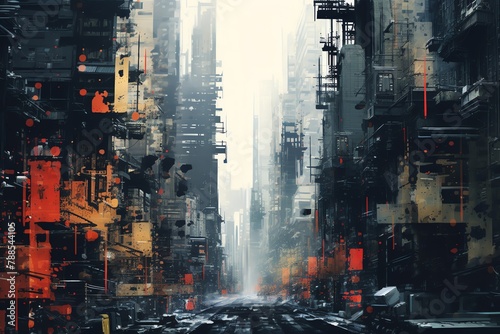 Render a dystopian cityscape where martial artists train amidst chaos, using glitch art to convey the intensity of their achievements from a skewed, close-up perspective photo