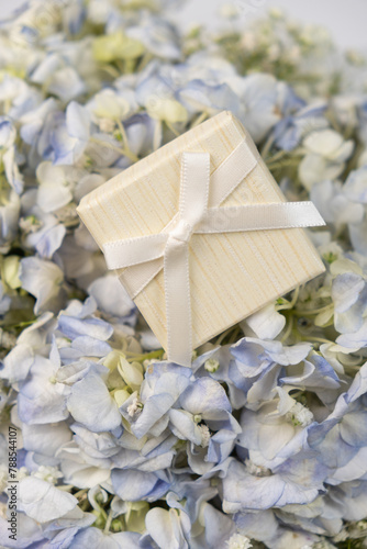 A gift box on a bouquet of hydrangea flowers on a white background
