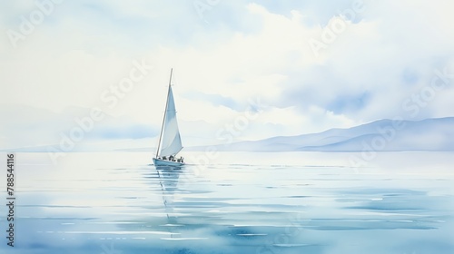 Produce a minimalist watercolor painting of a sleek sailboat amidst vast ocean waves, capturing the essence of maritime tranquility with a unique overhead perspective © Shining Pro