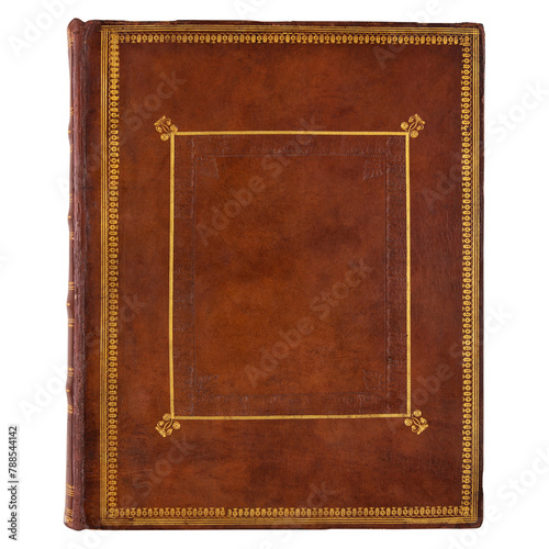 Antique book png sticker, brown leather cover with gold details photo