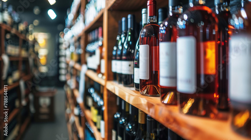 Assorted wine bottles on wooden shelves in a store photo