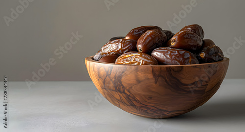 Dried date fruit in bowl on the old wooden table.