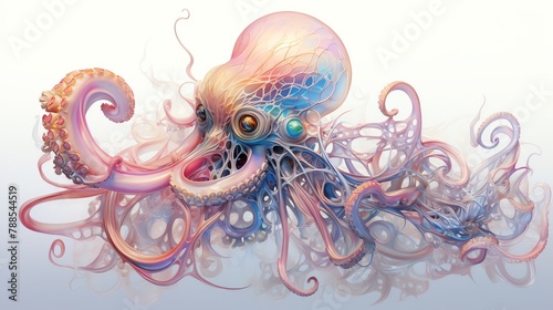 Illustrate the eerie fusion of bio-organic tentacles with holographic interfaces, utilizing a mix of traditional watercolor and digital 3D rendering techniques photo