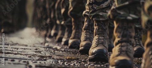 Uniformed Soldiers on a March in Camouflage Gear.