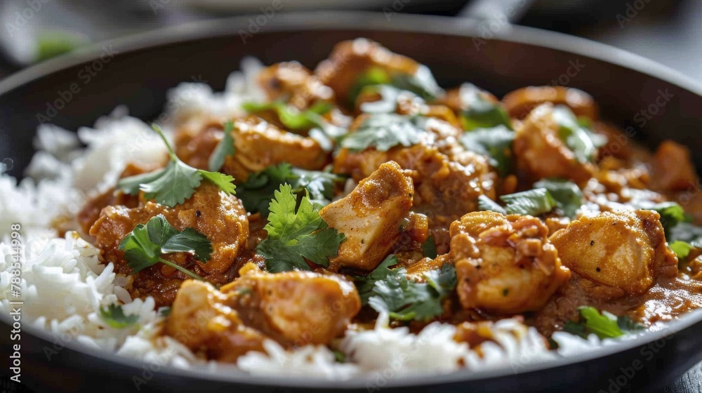 A close-up of a sizzling pan of chicken tikka masala, garnished with fresh cilantro and served with fluffy basmati rice, showcasing the rich