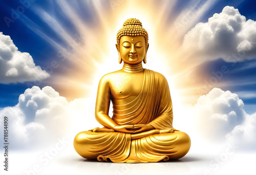 a golden buddha statue with the sun shining behind him and clouds