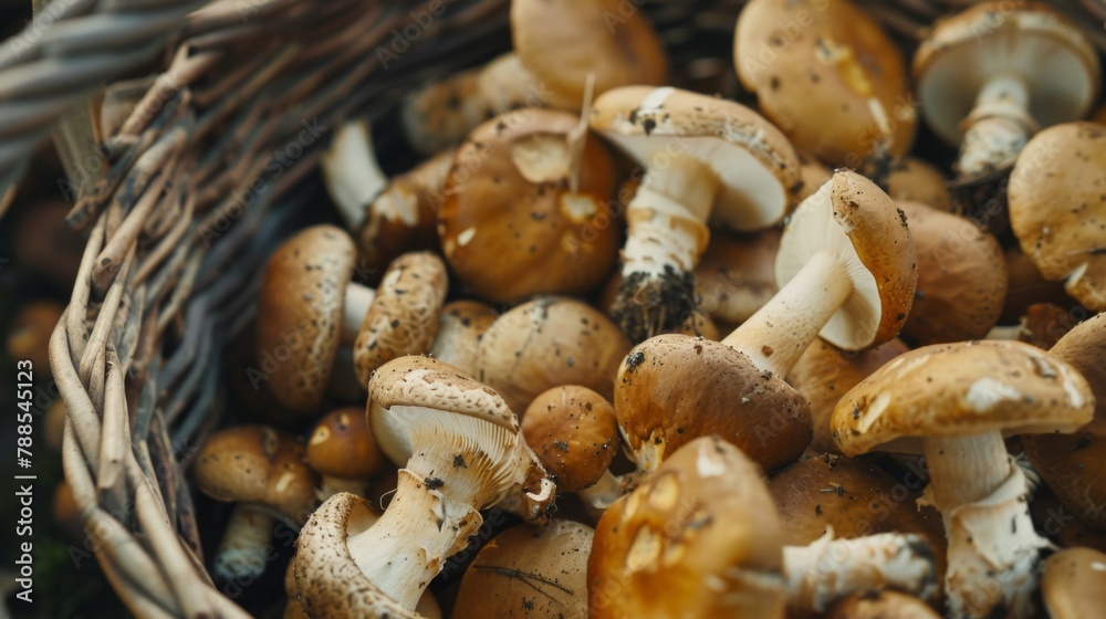 A close-up of freshly harvested wild mushrooms in a rustic woven basket, showcasing their earthy textures and rich, savory aroma. A close-up of freshly harvested wild mushrooms in a rustic woven basket, showcasing their earthy textures and rich, savory aroma.