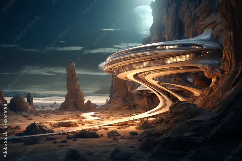 Capture the essence of Scientific Discoveries in a photorealistic digital rendering, showcasing a futuristic landscape with unexpected camera angles for a truly innovative perspective - obrazy, fototapety, plakaty 