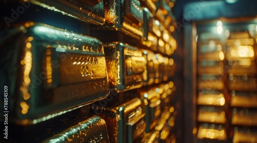 A close-up of gleaming gold bars stacked neatly in a secure vault, symbolizing wealth, security, and financial stability.