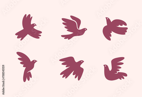 Abstract flying bird silhouettes set num.1. Cute dove logo, vector icon.