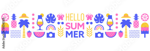 Hello summer wide horizontal pattern with colorful summer icons and symbols. Summer sale background or banner design.